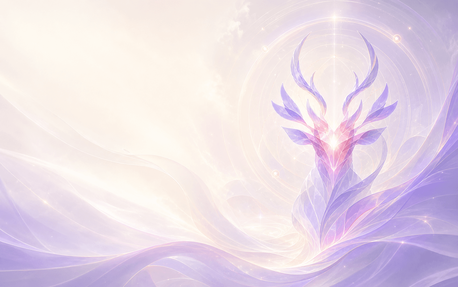A violet and coral MYTHOS living sigil awakening in a pearlescent field