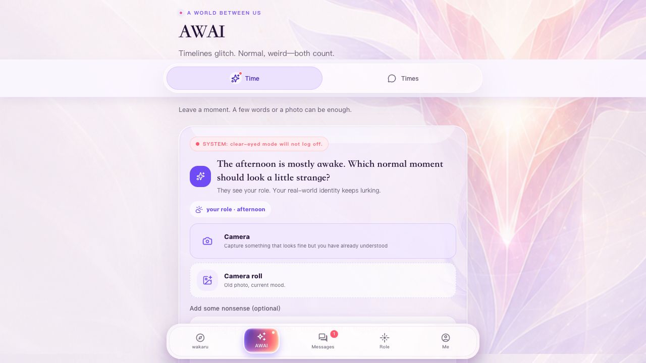 AWAI Time with camera, camera roll, and text expression controls